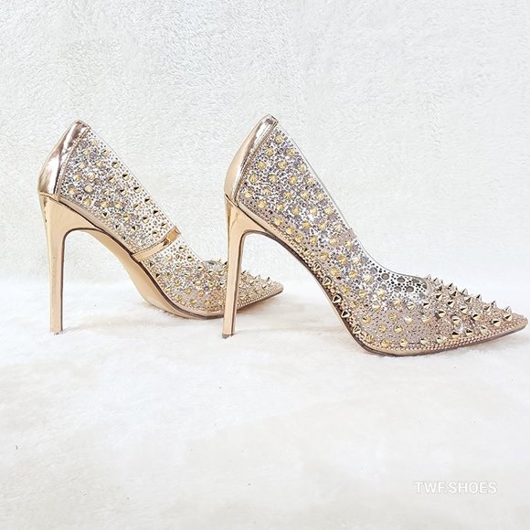 Spicy Stiletto PVC Clear Pumps Rose Gold Studs & Rhinestone Pumps High Heels - Picture 1 of 16